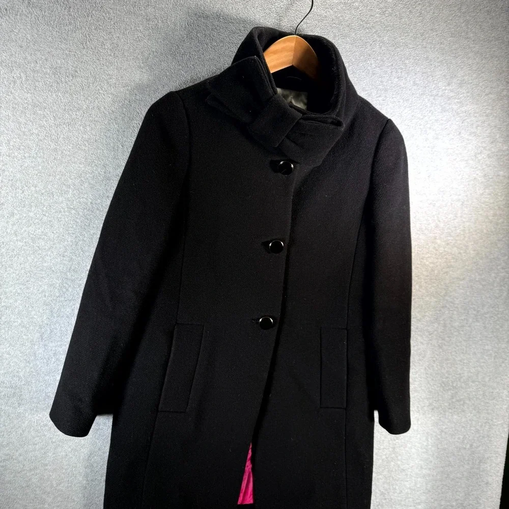 Kate Spade Women's Bow Neck Ribbon Coat Size 0 Black Wool Peacoat Front Button